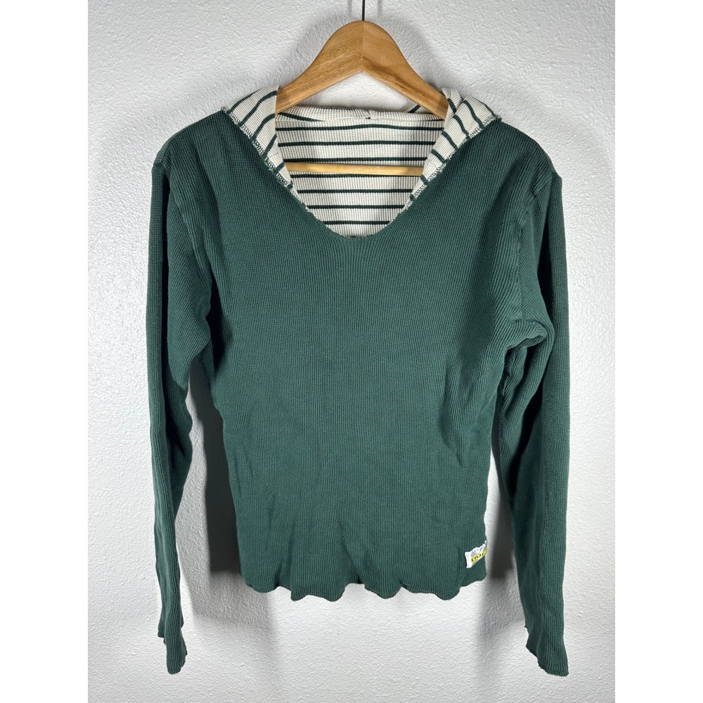 Ducks Hoodie Womens M Green Waffle Knit Thermal Striped Hood Long Sleeve Top